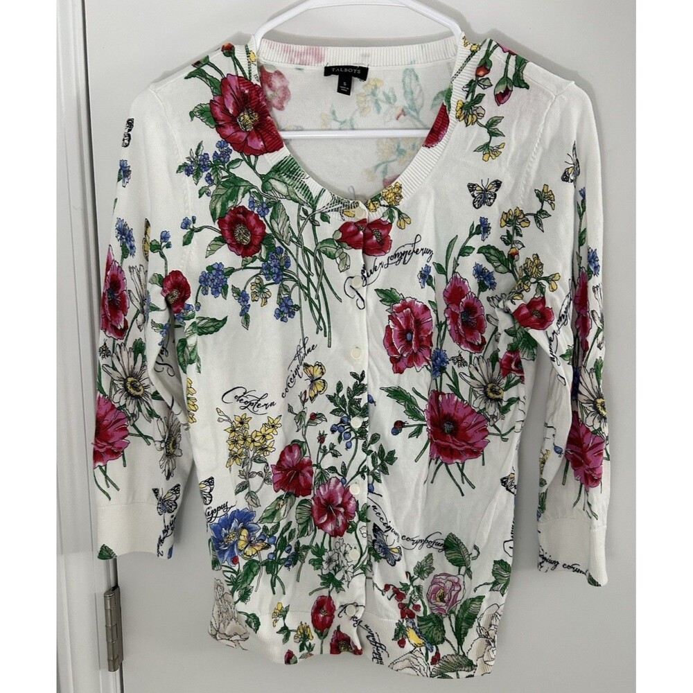 Talbots Flower floral butterflies cardigan botanical cottagcore garden small